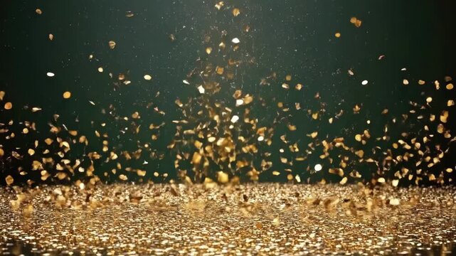 Golden confetti falling on green background with sparkling light reflection. Saint Patrick's Day, St Paddy's Day, St Patty's Day - Irish National Holiday and Cultural Celebration