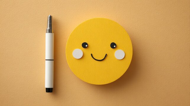 Cute smiley face sticky note with a pen on a soft orange background showcasing minimalist design in a simple workspace setting