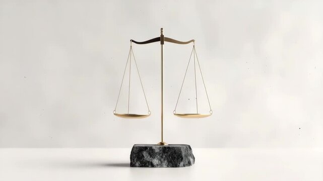 A balance scale rests on a dark stone base. The scale is centered on a white surface. No items are placed on either side. The background is plain and light
