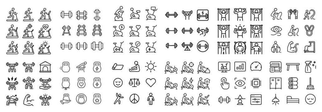 Fitness icons with treadmill dumbbell kettlebell minimal