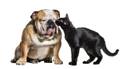 Obraz premium Adorable bulldog with closed eyes being affectionately nuzzled by a sleek black cat, isolated on transparent background, a heartwarming pet interaction PNG