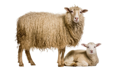 Fototapeta premium Adult sheep standing with its cute lamb lying down, both with thick woolly coats, isolated PNG on transparent background, farm animal family portrait