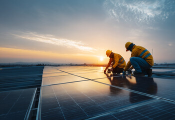 Trabajadores instalando paneles solares al amanecer. Dos técnicos con cascos trabajan en paneles solares al amanecer en una gran instalación.