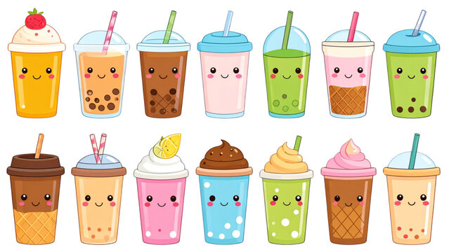 Refreshing summer drinks and ice cream cone with cute faces kawaii beverage vector set featuring soda bottle juice cup bubble tea milkshake cone cold sweet refreshment