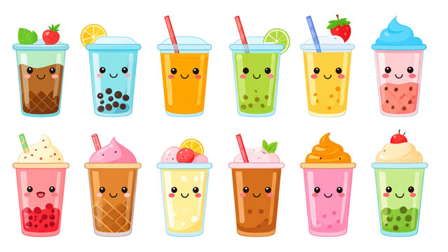 Refreshing summer drinks and ice cream cone with cute faces kawaii beverage vector set featuring soda bottle juice cup bubble tea milkshake cone cold sweet refreshment
