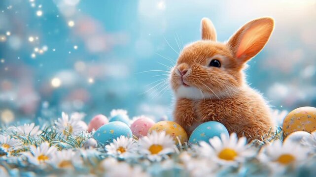 Adorable baby rabbit with colorful easter eggs among daisies in sunlit meadow. Easter, Pascha, Paskha, Ostern, Pascua, Paques - Orthodox and Catholic Holiday celebration