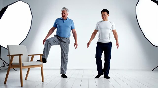 Senior men practicing balance exercises in a well-lit studio with softbox lights, one man in blue shirt and gray pants, the other in white shirt and dark pants