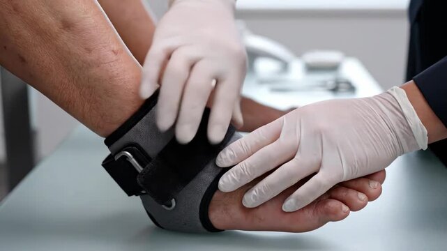 Medical professional in gloves secures adjustable ankle brace on patient's foot, demonstrating careful application in a clinical setting with medical equipment visible