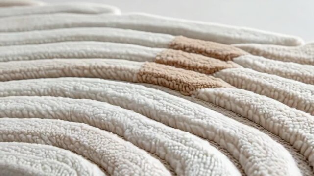 Craftsman creates a wool carpet with sculpted patterns in a studio. The video shows the process of shaping and detailing the design using soft wool fibers