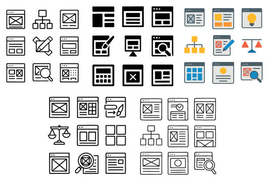Web icons with browser wireframe magnifier outline