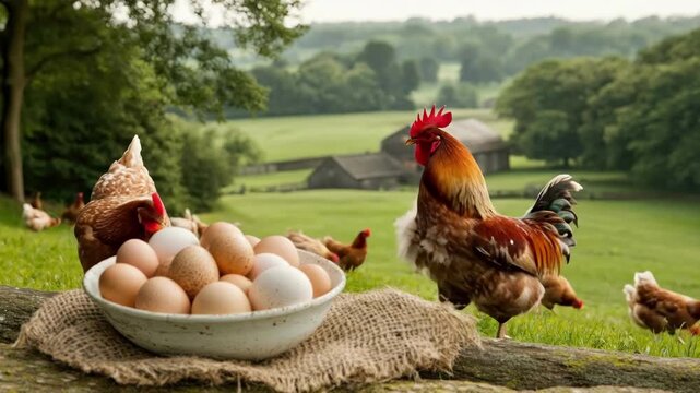 Fresh farm eggs and roaming chickens in a scenic countryside setting. Easter, Pascha, Paskha, Ostern, Pascua, Paques - Orthodox and Catholic Holiday celebration