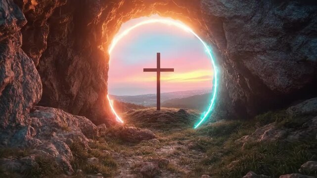 Sunlit cross illuminated by sunset in cave entrance overlooking scenic landscape. Easter, Pascha, Paskha, Ostern, Pascua, Paques - Orthodox and Catholic Holiday celebration