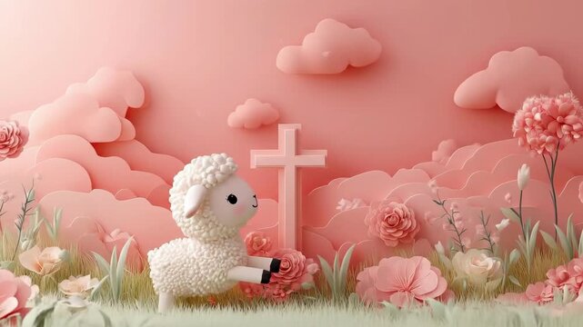 Cute lamb in pastel floral landscape with cross and clouds in background. Easter, Pascha, Paskha, Ostern, Pascua, Paques - Orthodox and Catholic Holiday celebration