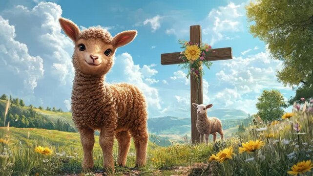 Cute lamb standing in sunlit meadow with wooden cross and colorful wildflowers. Easter, Pascha, Paskha, Ostern, Pascua, Paques - Orthodox and Catholic Holiday celebration