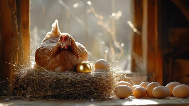 Hen nestled in barn with golden egg and multiple regular eggs. Easter, Pascha, Paskha, Ostern, Pascua, Paques - Orthodox and Catholic Holiday celebration