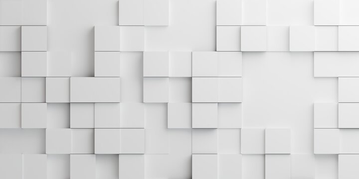 Seamless 3D white square tiles texture background with varying heights. Geometric abstract block pattern for modern interior and tech design.