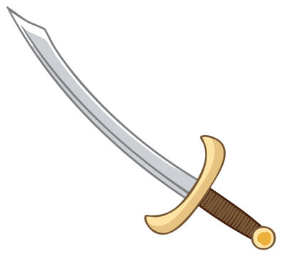 Cartoon scimitar with a curved blade and detailed hilt conveys bravery and adventure in vector illustration
