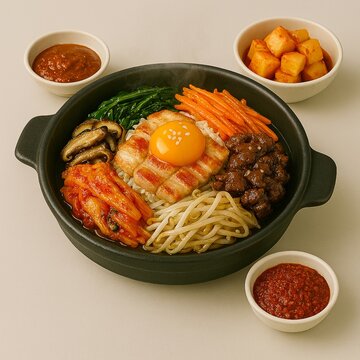 Bibimbap bowl filled with colorful vegetables, beef, rice, and a raw egg yolk, surrounded by Korean side dishes, creating a vibrant traditional meal presentation