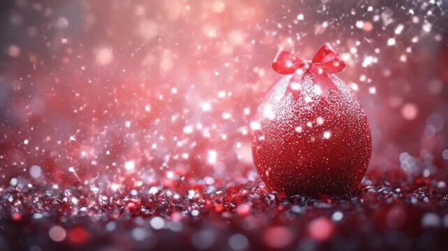 Glittering red egg with bow on sparkling background celebrating festive cheer. Easter, Pascha, Paskha, Ostern, Pascua, Paques - Orthodox and Catholic Holiday celebration