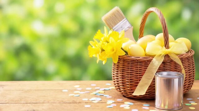 A basket full of Easter eggs and paintbrushes with a can of paint on a rustic wooden table with space for text. Template for showcasing seasonal products, space for advertising, spring holiday 