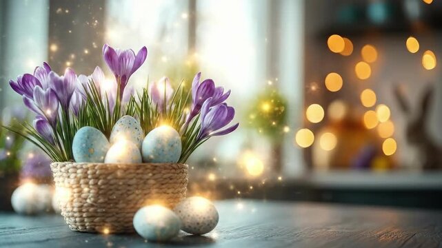 Spring basket with painted eggs and purple crocuses in cozy kitchen setting. Easter, Pascha, Paskha, Ostern, Pascua, Paques - Orthodox and Catholic Holiday celebration