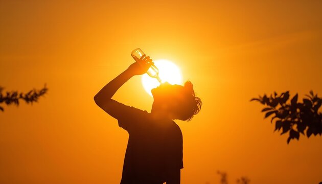 Silhouette of a Person Drinking Water from a Bottle against a Bright Golden Sunset Sun Summer Heat and Health Concept