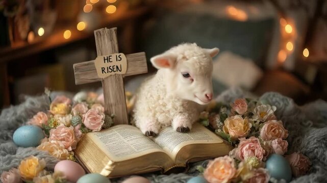 Adorable lamb with easter symbols, religious cross, and floral arrangement. Easter, Pascha, Paskha, Ostern, Pascua, Paques - Orthodox and Catholic Holiday celebration