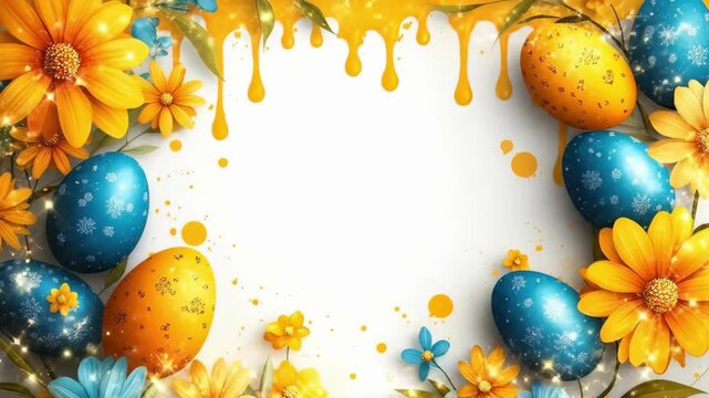 Vibrant easter arrangement with colorful eggs and orange flowers on white background. Easter, Pascha, Paskha, Ostern, Pascua, Paques - Orthodox and Catholic Holiday celebration