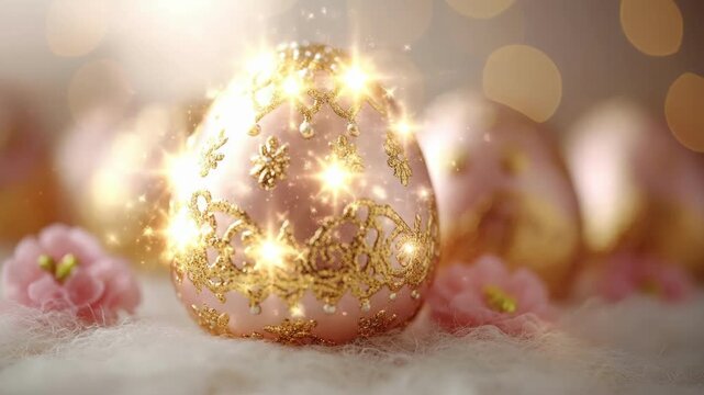 Elegant pink easter egg with golden decorations and floral accents. Easter, Pascha, Paskha, Ostern, Pascua, Paques - Orthodox and Catholic Holiday celebration