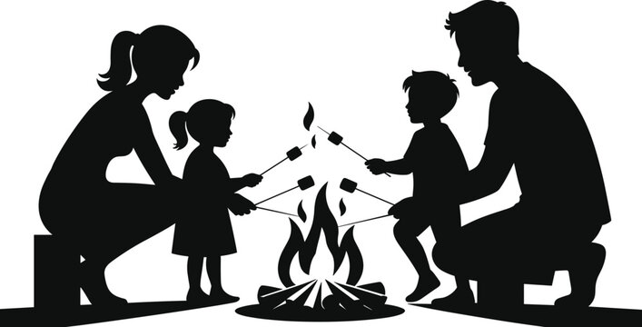 Family campfire silhouette illustration, four figures roasting marshmallows together outdoors, camping bonding theme, vector art, black isolated bold design for leisure visuals