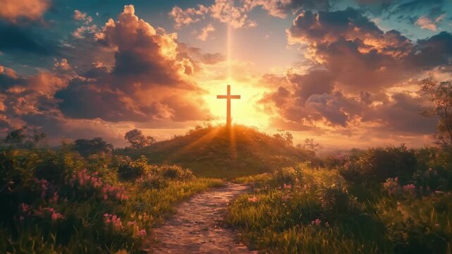 Sunset over cross on hill with path through lush meadow and dramatic clouds. Easter, Pascha, Paskha, Ostern, Pascua, Paques - Orthodox and Catholic Holiday celebration