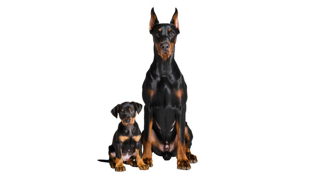 Majestic adult Doberman Pinscher dog and adorable Doberman puppy sitting together, isolated on transparent background, a loyal canine family portrait PNG
