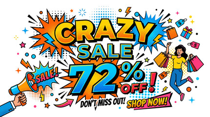 Obraz premium Crazy Sale 72% Off Banner with Comic Book Graphics