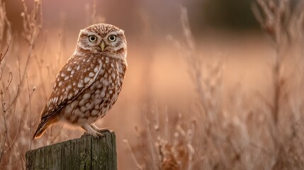 Fototapeta premium Perched owl on a weathered post in a quiet field, calm mood and soft natural lighting