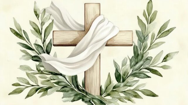 Wooden cross with white cloth and greenery wreath on light background. Easter, Pascha, Paskha, Ostern, Pascua, Paques - Orthodox and Catholic Holiday celebration