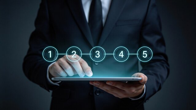 Businessman using tablet with illuminated five step process timeline interface,project management workflow planning,digital transformation and corporate strategy concept