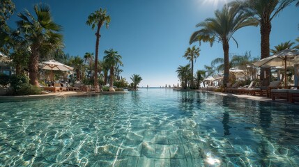Fototapeta premium Poolpanorama mit Palmen im tropischen Resort unter klarem Himmel