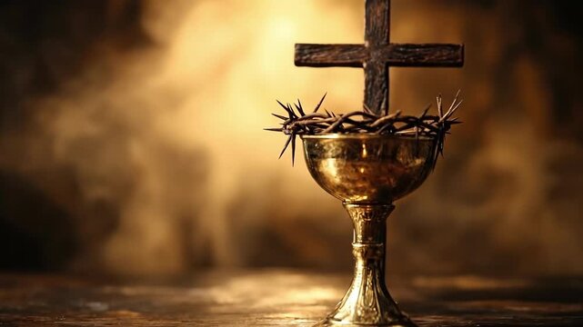 Rustic chalice with crown of thorns and wooden cross on dark background. Easter, Pascha, Paskha, Ostern, Pascua, Paques - Orthodox and Catholic Holiday celebration
