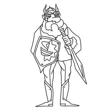 Viking warrior character doodle with sword and shield. Medieval northern knight in horned helmet and armor in simple sketch style