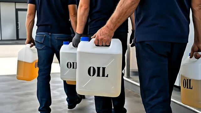 Video, oil industry, a group of people carrying jerry cans filled with oil, vehicle oil, crude oil theme, petroleum