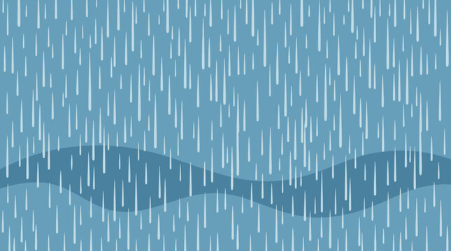 Stylized illustration of heavy rain falling against a blue background with subtle wavy shapes below, depicting a rainy weather scene.
