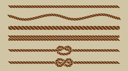 Collection of brown ropes with various styles including straight, wavy, and knotted designs on a light background.