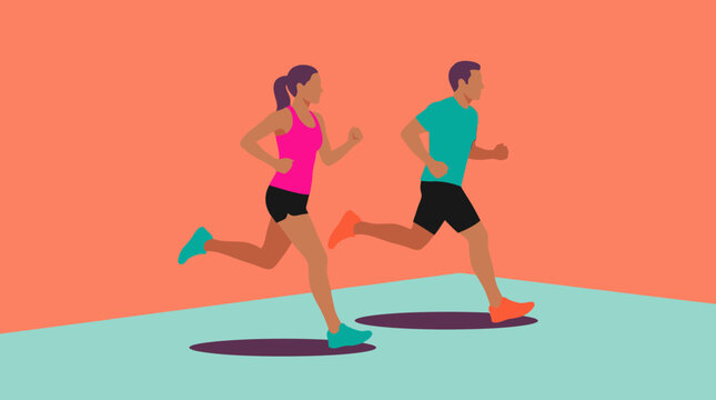 Stylized illustration of a man and a woman running side by side, depicting fitness and exercise activity.