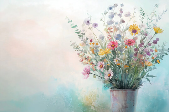 Dreamy pastel watercolor of a wildflower bouquet in a rustic pot, set against a soft abstract background with airy brushstrokes and gentle colors