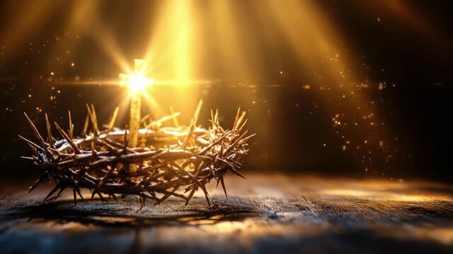 Crown of thorns and cross under dramatic light on wooden surface. Easter, Pascha, Paskha, Ostern, Pascua, Paques - Orthodox and Catholic Holiday celebration
