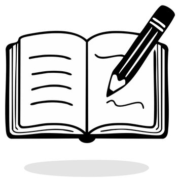 Hand drawn black and white icon of a pencil writing in an open book or notebook for education and study