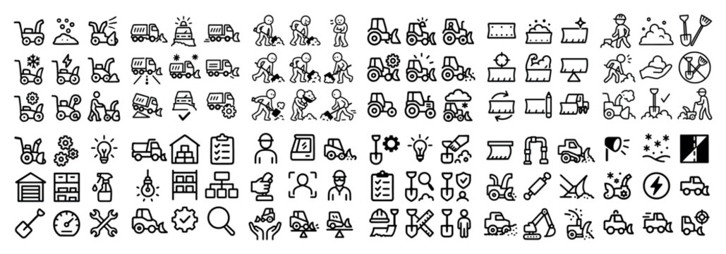 Construction icons with tractor shovel worker outline