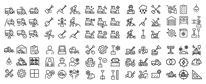 Construction icons with shovel truck helmet outline