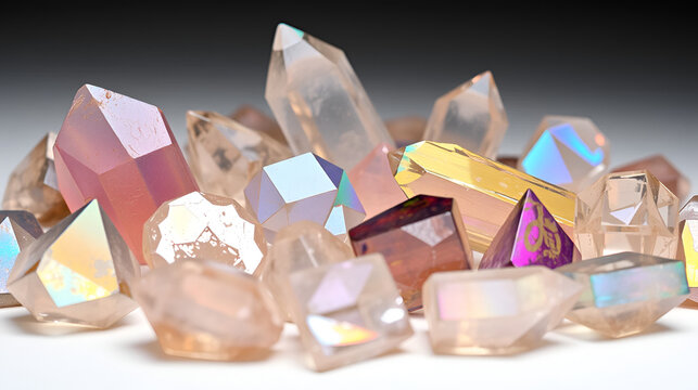 A collection of iridescent crystals, each displaying a unique array of colors and shapes