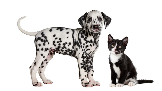 Adorable Dalmatian puppy standing next to a cute black and white kitten sitting, both isolated on a transparent background, perfect for pet-themed designs PNG